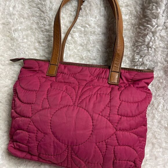 Fossil Key -Per Quilted Fabric burgundy shoulder bag brown leather trim & straps - Picture 3 of 12